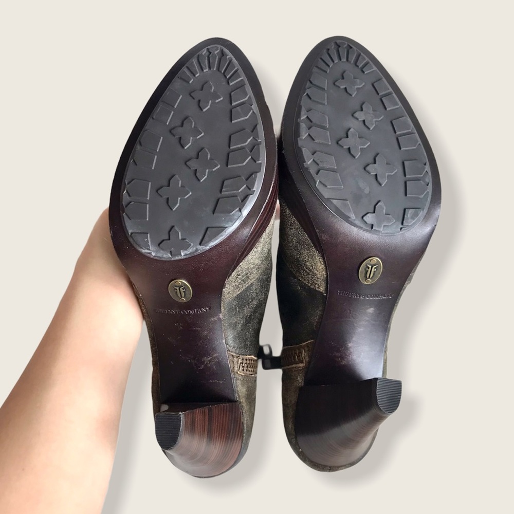 Frye Harlow Campus Tan Suede Heeled Ankle Booties - Picture 10 of 14